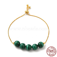 925 Sterling Silver Slider Bracelets, with Synthetic Malachite Round Beaded, with S925 Stamp, Real 18K Gold Plated, 8-5/8 inch(22cm)(BJEW-P303-01G)