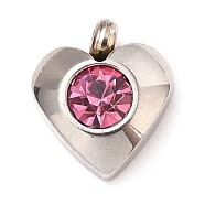 304 Stainless Steel Charms, with Acrylic Rhinestone, Faceted, Birthstone Charms, Heart, Stainless Steel Color, Rose, 8.2x7.2x3.2mm, Hole: 1mm(STAS-I165-05P-08)