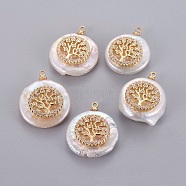 Natural Cultured Freshwater Pearl Pendants, with Brass Micro Pave Cubic Zirconia Cabochons, Nuggets with Flat Round with Tree of Life, Clear, Golden, 14~28x12~22x5~12mm, Hole: 1.2mm(PEAR-J004-15G)