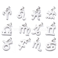 304 Stainless Steel Pendants, 12 Constellation/Zodiac Sign Charms, Stainless Steel Color, 27~34.5x19~29x1.5mm, Hole: 9.5~10x4~4.5mm, 1pcs/style, 12pcs/set(STAS-L210-06-P)