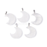 Natural Quartz Crystal Pendants, Rock Crystal Pendants, Moon Charms, with Platinum Tone Brass Findings, 35x27x10mm, Hole: 10x4mm(G-Z022-04A)