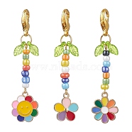 3Pcs Glass Seed Bead Pendant Decorations, with Alloy Enamel Flower Charms, Colorful, 64.5~66.5mm, 3pcs/set(HJEW-MZ00052)