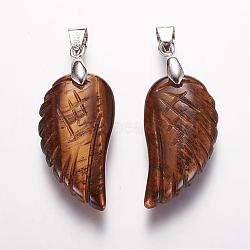 Natural Tiger Eye Pendants, Wing, Platinum, 29x15x6mm, Hole: 4mm(G-E339-02B)