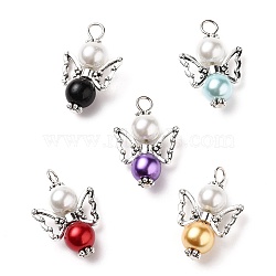 40Pcs Alloy Pendants, with Mixed Color Glass Pearl Beads, Tibetan Style Alloy Beads, Angel, Antique Silver, 27x18x8mm, Hole: 3mm(FIND-FS0001-07)