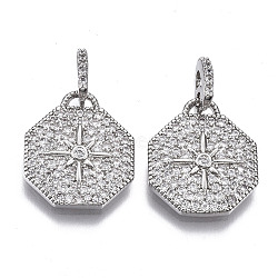 Brass Micro Pave Cubic Zirconia Pendants, Octagon with Star, Nickel Free, Clear, Real Platinum Plated, 16.5x14x2.5mm, Hole: 1.5mm(ZIRC-T013-11P-NF)