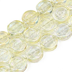 Electroplate Glass Beads Strand, AB Color, Flat Round with Rose Flower, Light Yellow, 10x4mm, Hole: 0.9mm, about 65~66pcs/strand, 24.80 inch~ 25.20 inch(63~64cm)(EGLA-S188-19-B02)