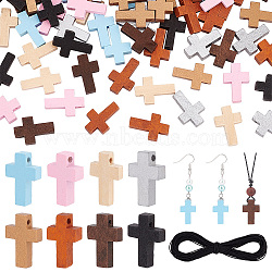 Elite 128Pcs 8 Styles Wood Dyed Pendants, Religion Cross Charms, with 1 Bundle Winding Waxed Polyester Cord, Mixed Color, 21.5~22x1~15x1~5mm, Hole: 1.5~2mm, 16pcs/style(WOOD-PH0002-49)
