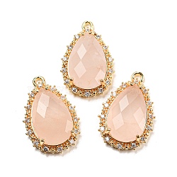 Natural Rose Quartz Faceted Pendants, Rack Plating Brass Pave Clear Cubic Zirconia Teardrop Charms, Golden, 23.5~24x15~15.5x6mm, Hole: 1.2mm(G-M431-13G-01)