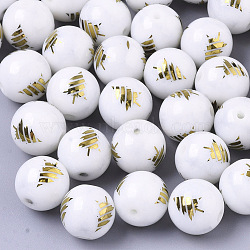 Christmas Opaque Glass Beads, Round with Electroplate Christmas Tree Pattern, Golden Plated, 10mm, Hole: 1.2mm(X-EGLA-R113-02C)