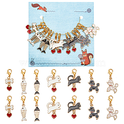 Dog & Cat Theme Locking Stitch Markers, Alloy Enamel Pendant Decoration, Zinc Alloy Lobster Claw Clasps, Mixed Color, 3~3.6cm, 2pcs/style, 7 style, 14pcs/set(HJEW-AB00544)