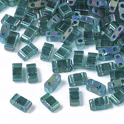 2-Hole Transparent Glass Seed Beads, AB Colours, Rectangle, Teal, 4.5~5.5x2~2.5x2~2.5mm, Hole: 0.7mm(SEED-T004-04B-04)
