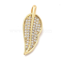 Brass Micro Pave Clear Cubic Zirconia Pendants, Leaf Charm, Real 18K Gold Plated, 27x10.5x6mm, Hole: 7x4mm(KK-I695-069G)