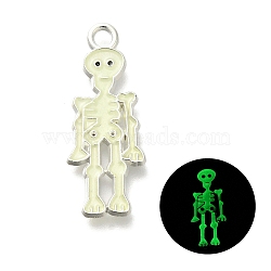 Halloween Theme Luminous  Alloy Enamel Pendants, Glow in the Dark, Platinum, Skeleton, 26x10x1.5mm, Hole: 2mm(ENAM-D067-01P-03)