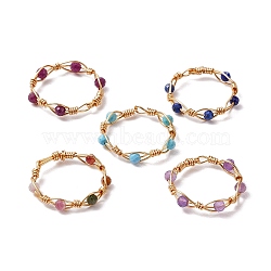 Round Natural Ruby & Magnesite & Tourmaline & Amethyst & Lapis Lazuli Finger Ring, Copper Wire Wrapped Ring for Women, 4mm, Inner Diameter: 20mm, 5pcs/set(RJEW-JR00740-S)