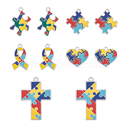 Enamel Alloy Pendants, Autism Puzzle & Ribbon & Heart & Cross, Colorful, Platinum, 10pcs/box(ENAM-FH0001-01)