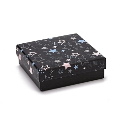Cardboard Jewelry Boxes, with Black Sponge Mat, for Jewelry Gift Packaging, Square with Star Pattern, Black, 9.3x9.3x3.15cm(CON-D012-04C-02)