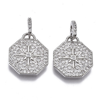 Brass Micro Pave Cubic Zirconia Pendants, Octagon with Star, Nickel Free, Clear, Real Platinum Plated, 16.5x14x2.5mm, Hole: 1.5mm