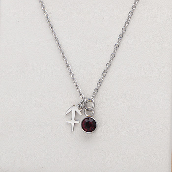 304 Stainless Steel Coffee Rhinestone Birth Stone Constellation Pendant Necklaces, Stainless Steel Color, Sagittarius, 17.72 inch(45cm)