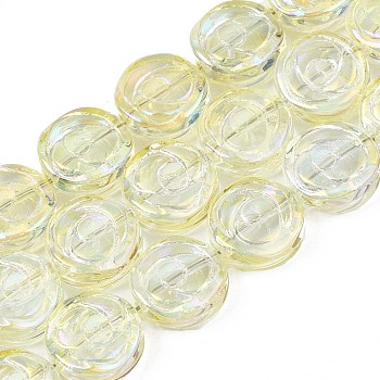 Electroplate Glass Beads Strand, AB Color, Flat Round with Rose Flower, Light Yellow, 10x4mm, Hole: 0.9mm, about 65~66pcs/strand, 24.80 inch~ 25.20 inch(63~64cm)