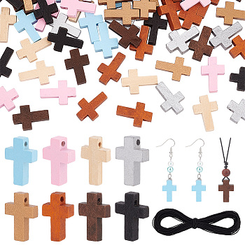Elite 128Pcs 8 Styles Wood Dyed Pendants, Religion Cross Charms, with 1 Bundle Winding Waxed Polyester Cord, Mixed Color, 21.5~22x1~15x1~5mm, Hole: 1.5~2mm, 16pcs/style