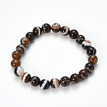 Natural Striped Agate/Banded Agate Beaded Stretch Bracelets, Dyed, Round, Coconut Brown, 2-1/8 inch(55mm)