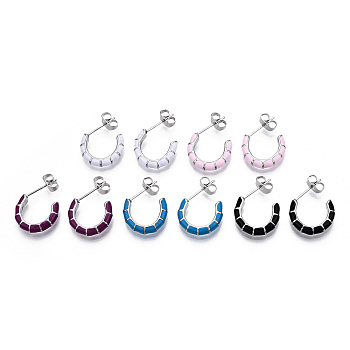 Enamel C-shape Stud Earrings, Stainless Steel Color 304 Stainless Steel Half Hoop Earrings for Women, Mixed Color, 19x15.5x3.5mm, Pin: 0.8mm