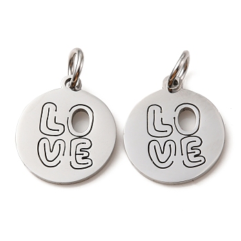 304 Stainless Steel Charms, Laser Cut, with Jump Ring, Stainless Steel Color, Hollow, Flat Round with Word Love Charm, 13.5x12x1mm, Hole: 3.6mm