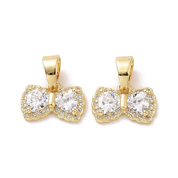 Bowknot Brass Micro Pave Clear Cubic Zirconia Pendants, Cadmium Free & Lead Free, Real 18K Gold Plated, 8.5x14x3.5mm, Hole: 4x6mm