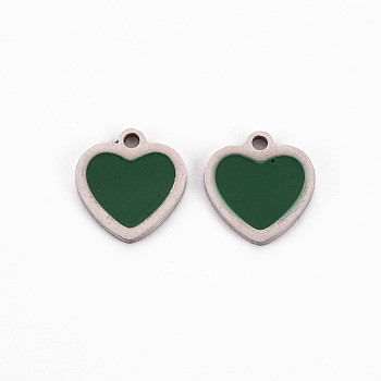 304 Stainless Steel Enamel Charms, Stainless Steel Color, Heart, Dark Green, 10x9.5x1mm, Hole: 1.2mm