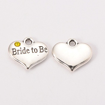 Wedding Theme Antique Silver Tone Tibetan Style Heart with Bride to Be Rhinestone Charms, Citrine, 14x16x3mm, Hole: 2mm