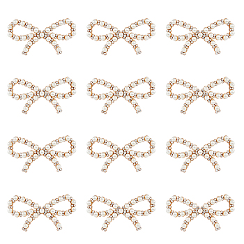 12Pcs Alloy Crystal Rhinestone Bowknot Shoe Decorations, Detachable Shoe Buckle Clips, with Iron & ABS Platic Imiattion Pearl Beads, Golden, 29x54x5mm