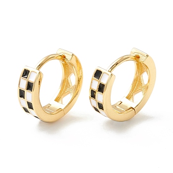 Tartan Pattern Enamel Chunky Hinged Huggie Hoop Earrings for Women, Real 18K Gold Plated Brass Jewelry, Cadmium Free & Nickel Free & Lead Free, Black, 13x4mm, Pin: 1mm