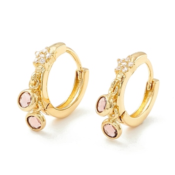 Star Cubic Zirconia Hoop Earrings with Flat Round Drop, Brass Jewelry for Women, Cadmium Free & Nickel Free & Lead Free, Real 18K Gold Plated, Misty Rose, 19.5mm, Pin: 0.7mm