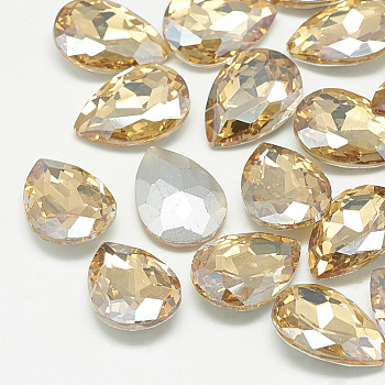 Pointed Back Glass Rhinestone Cabochons, Back Plated, Faceted, teardrop, Light Colorado Topaz, 14x10x4.5mm