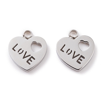304 Stainless Steel Charms, Laser Cut, Heart with Word Love, for Valentine's Day, Stainless Steel Color, 12.5x11x1.5mm, Hole: 1.8mm
