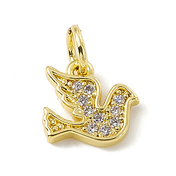 Brass Micro Pave Cubic Zirconia Charms, with Jump Ring, Bird Charm, Real 18K Gold Plated, 9x10x1.5mm, Hole: 3mm