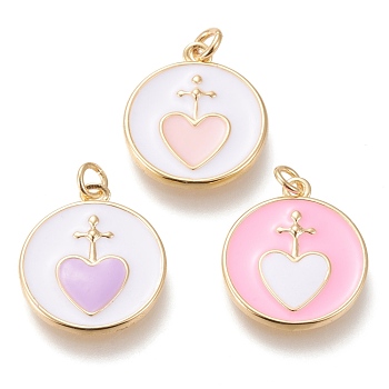 Brass Pendants, with Enamel and Jump Rings, Long-Lasting Plated, Flat Round with Heart, Golden, Mixed Color, 20.5x18x2mm, Hole: 3mm