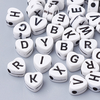 Craft Style Acrylic Beads, Horizontal Hole, Heart with Initial Letter, Black, 7x7.5x4mm, Hole: 1.6mm, about 3500pcs/500g