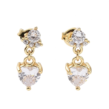 Clear Cubic Zirconia Heart Dangle Stud Earrings, Rack Plating Brass Jewelry for Women, Cadmium Free & Lead Free, Real 18K Gold Plated, 14.5mm, Pin: 0.8mm