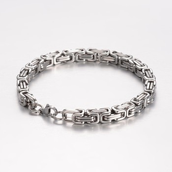 201 Stainless Steel Byzantine Chain Bracelets, with Lobster Clasps, Stainless Steel Color, 8-1/4 inch(210mm), 6mm