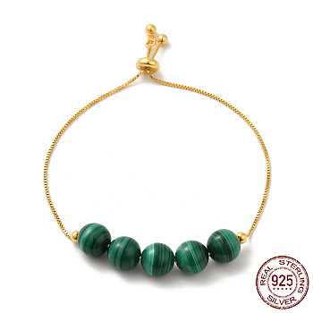 925 Sterling Silver Slider Bracelets, with Synthetic Malachite Round Beaded, with S925 Stamp, Real 18K Gold Plated, 8-5/8 inch(22cm)