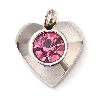 304 Stainless Steel Charms, with Acrylic Rhinestone, Faceted, Birthstone Charms, Heart, Stainless Steel Color, Rose, 8.2x7.2x3.2mm, Hole: 1mm