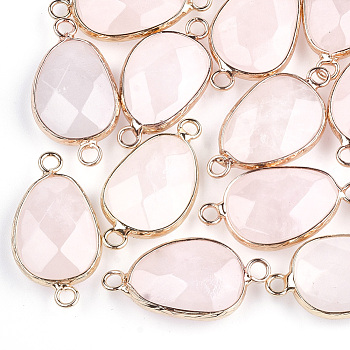 Natural Rose Quartz Links connectors, with Brass Findings, Nickel Free, Faceted, teardrop, Golden, 27.5x14.5~15x6~6.5mm, Hole: 2mm