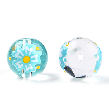 Transparent Handmade Lampwork Beads, Round with Flower Pattern, Cyan, 17x16x15mm, Hole: 1.8~2mm