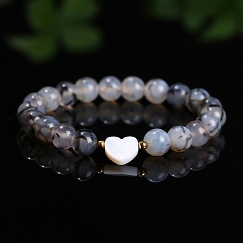 Natural Dragon Veins Agate Heart & Round Beads Stretch Bracelets for Men & Women, Inner Diameter: 2-3/8 inch(60mm), 8mm