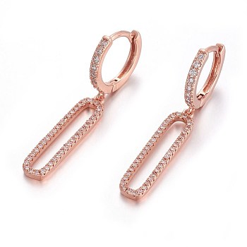 Brass Leverback Earrings, with Cubic Zirconia, Oval, Clear, Rose Gold, 39mm, Pin: 1mm
