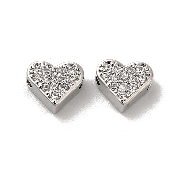 Brass Micro Pave Cubic Zirconia Beads, Lead Free & Cadmium Free, Long-Lasting Plated, Heart, Platinum, 6x7x3mm, Hole: 1.4mm