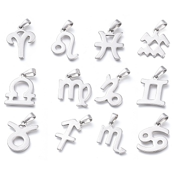 304 Stainless Steel Pendants, 12 Constellation/Zodiac Sign Charms, Stainless Steel Color, 27~34.5x19~29x1.5mm, Hole: 9.5~10x4~4.5mm, 1pcs/style, 12pcs/set