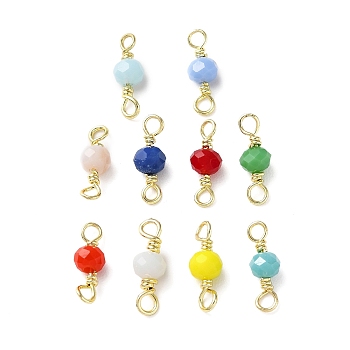 Faceted Glass Connector Charms, Rondelle Links with Rack Plating Brass Wire Double Loops, Lead Free & Cadmium Free, Real 18K Gold Plated, Long-Lasting Plated, Mixed Color, 12x4mm, Hole: 1.8mm