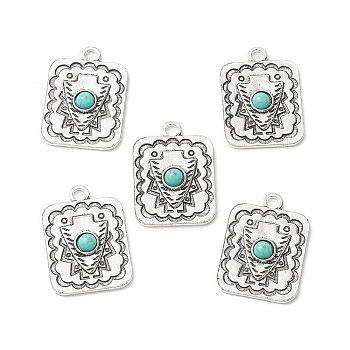 Synthetic Turquoise Pendants, with Alloy Findings, Rectangle Charms with Shield, Antique Silver, 36x26x5mm, Hole: 3.8mm